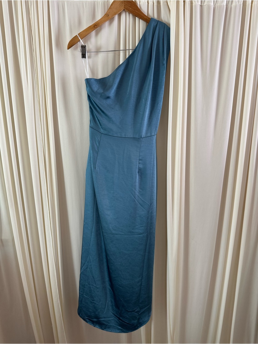 Eliatt Cassini One-Shoulder Blue Satin Midi Dress with Side Slit Size Small NEW - Picture 7 of 9